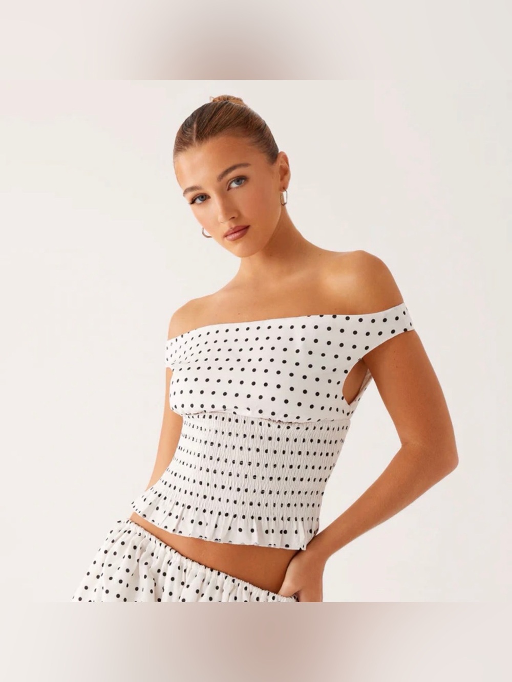 Peppermayo Heather Off Shoulder Top - White Black Polka Dot
